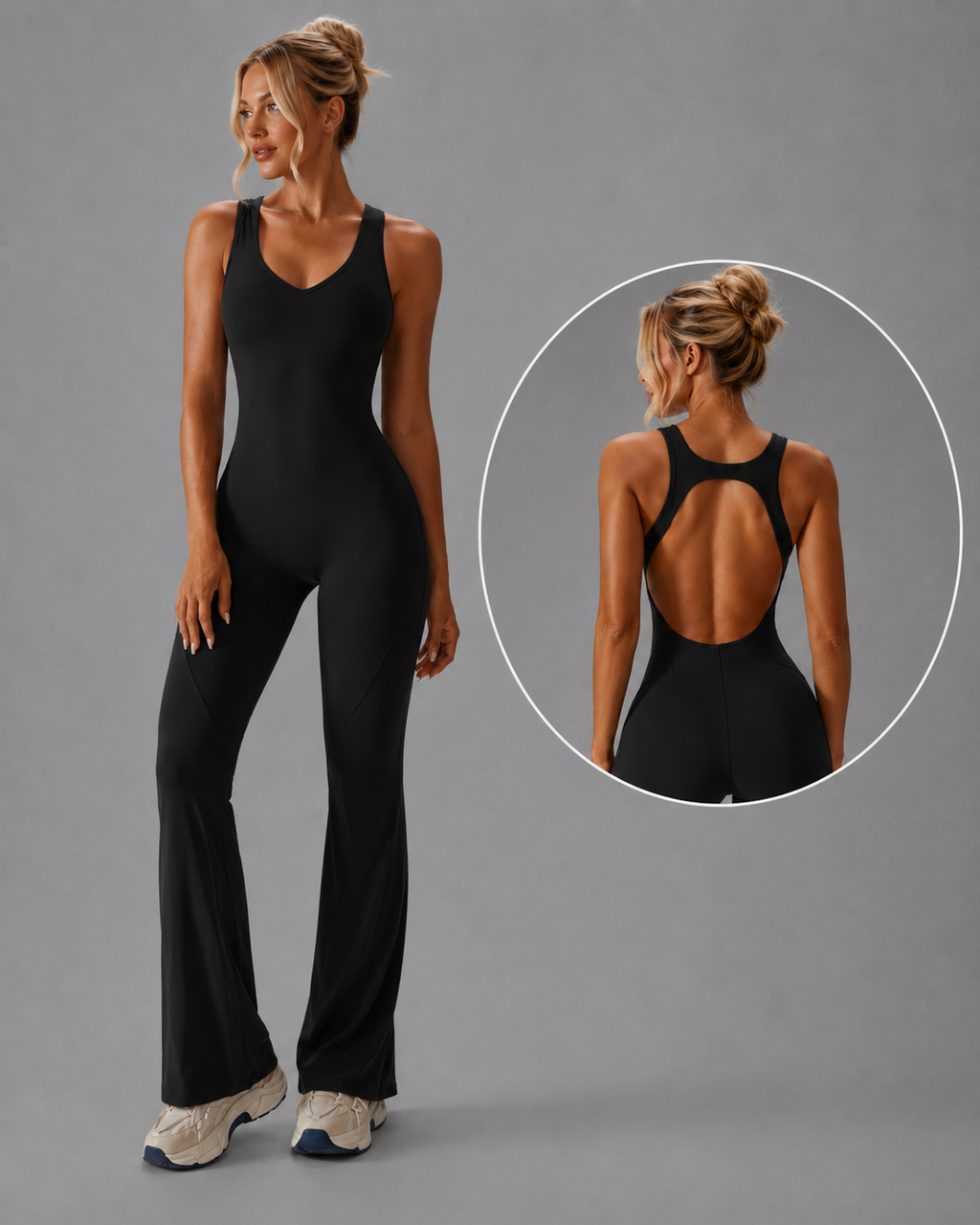 Fitness Jumpsuit Damen – Figurformender Sport Overall mit Weitem Bein & Offenem Rücken