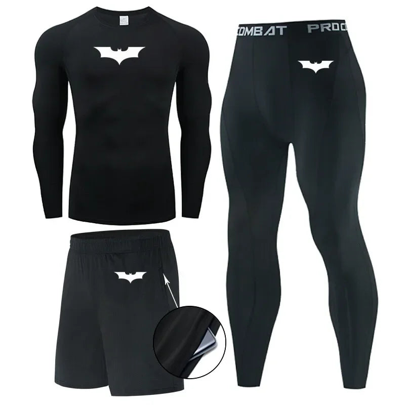 gymshirtsetleggingsshortsteetshirtshortsleevekurzaermelkurzearmekurzaermeligschwarzblacksetspinnespidermanspiderprintprintedbedrucktdruckherrenbatmansupermanspiderman