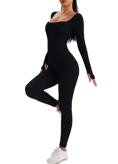 Shaping Jumpsuit jumpshape formfit shape suit bodyshapesuit jump jumper bodyshaper yogasuit yoga sport style black long sleeve finger longsleeve schwarz front side