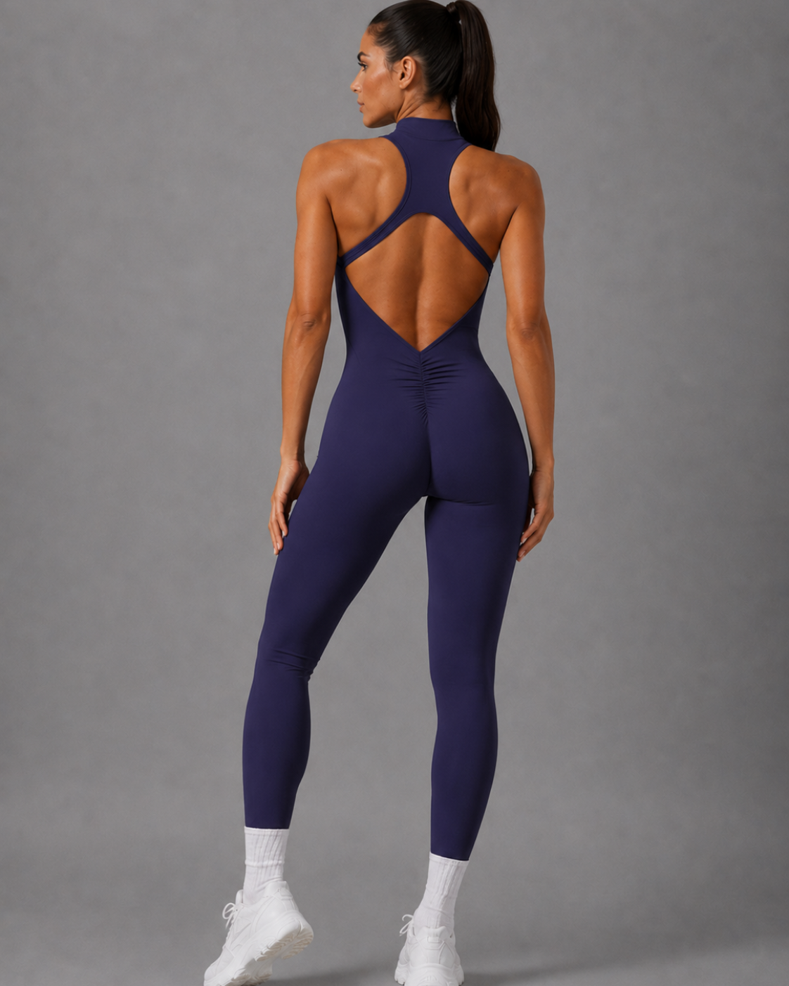 Yoga Jumpsuit Bum Scrunch Kompression mit Rückenausschnitt und Reissverschluss