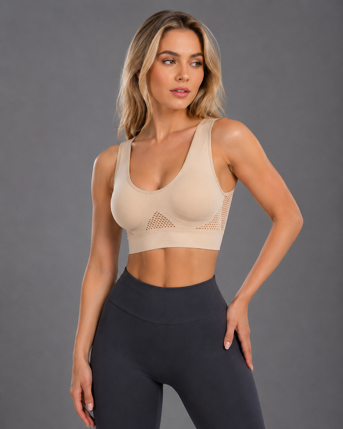 Yoga und Sport-BH Bra atmungsaktiv Frontansicht beige
