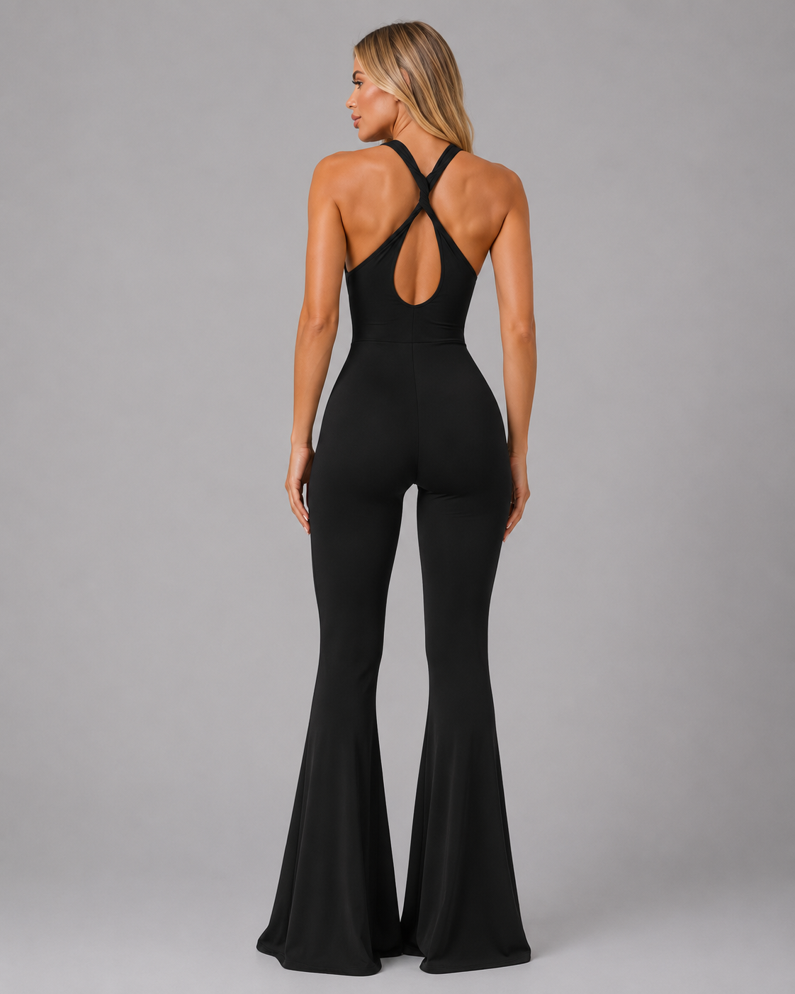 ausgefallener Jumpsuit, elegant, für Hochzeitsgast: snatched mit verdrehten Backstraps und Palazzo Legs