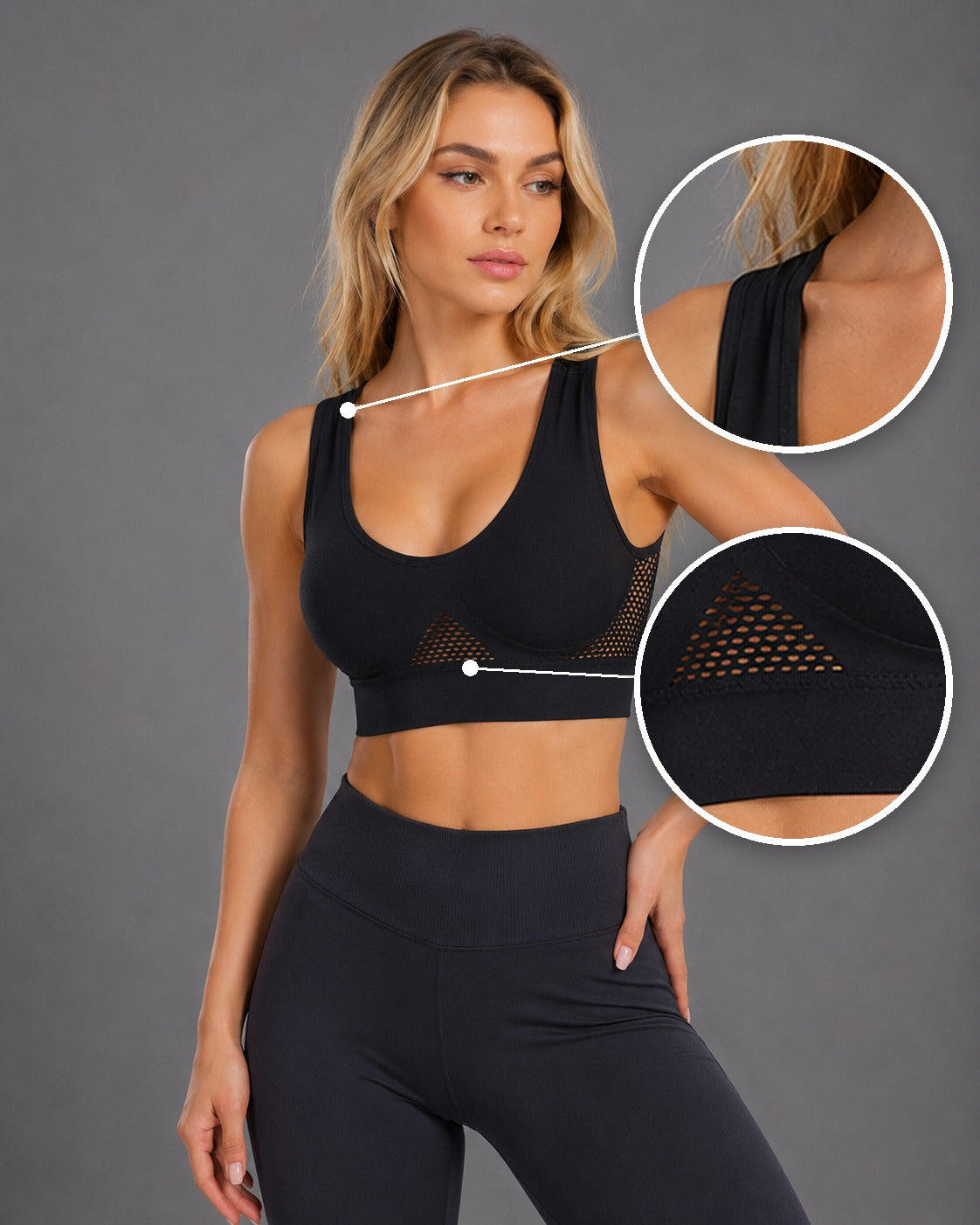 Yoga und Sport-BH Details: atmungsaktive Mesh-Zonen und breite Träger