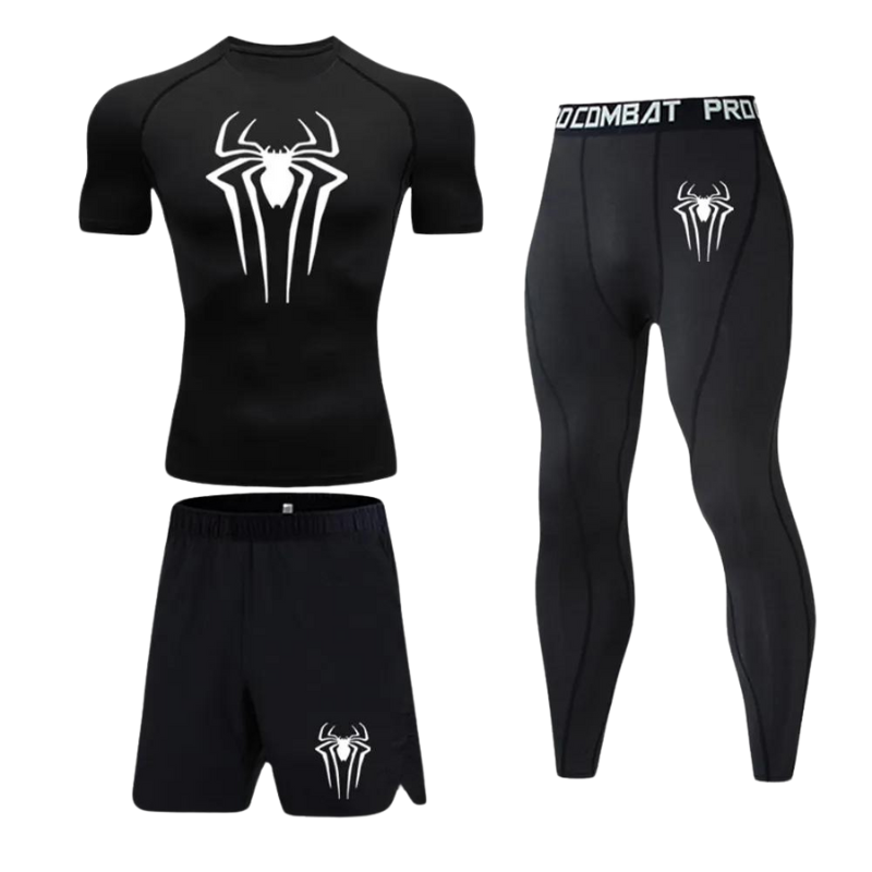 gymshirtsetleggingsshortsteetshirtshortsleevekurzaermelkurzearmekurzaermeligschwarzblacksetspinnespidermanspiderprintprintedbedrucktdruckherrenbatmansupermanspiderman