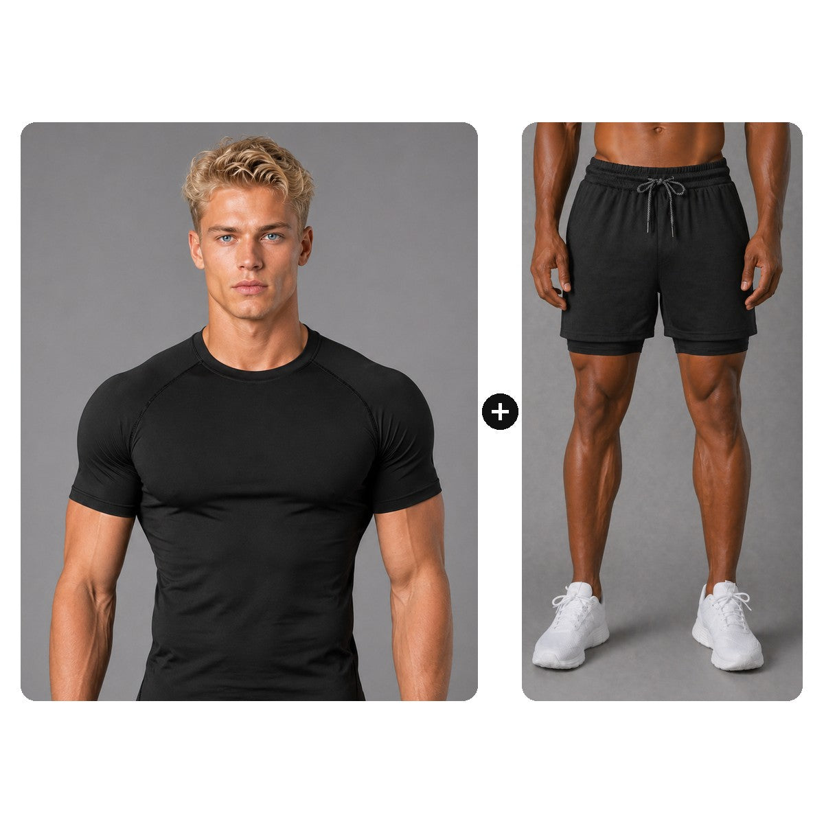 Gym Set Herren Schwarz: Quick Dry Shirt + 2-in-1 Gym Short